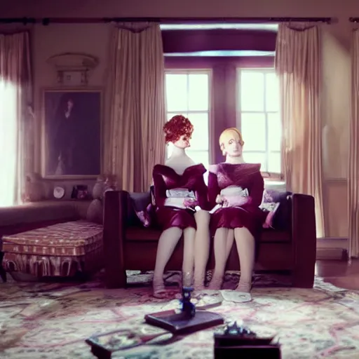 Image similar to a very surprised beautiful Christina Hendricks and her twin sister in the living room, film still from the movie directed by Denis Villeneuve with art direction by Salvador Dalí, wide lens