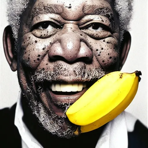 Image similar to morgan freeman eating a big banana by salvador dali