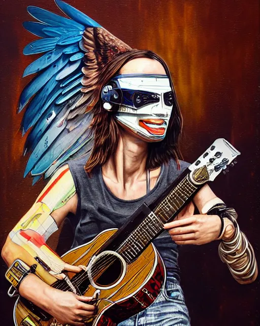 Image similar to a portrait of an anthropomorphic cyberpunk eagle strumming an acoustic guitar by sandra chevrier, by jon foster, detailed render, tape deck, epic composition, cybernetics, 4 k realistic, cryengine, realistic shaded lighting, sharp focus, masterpiece, by enki bilal