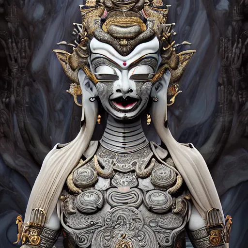 Image similar to naraka buddhist demon korean female, highly detailed, symmetrical long head, smooth marble surfaces, detailed ink illustration, raiden metal gear, cinematic smooth stone, deep aesthetic, concept art, post process, 4 k, carved marble texture and silk cloth, latex skin, highly ornate intricate details, in the style of 8 8 grzes