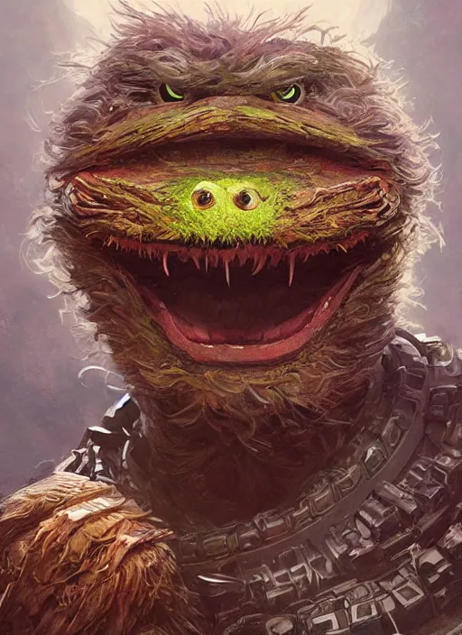 Prompt: Portrait Oscar the Grouch, marvel comics, dark, intricate, highly detailed, smooth, artstation, digital illustration by Ruan Jia and Mandy Jurgens and Artgerm and Wayne Barlowe and Greg Rutkowski and Frank Frazetta