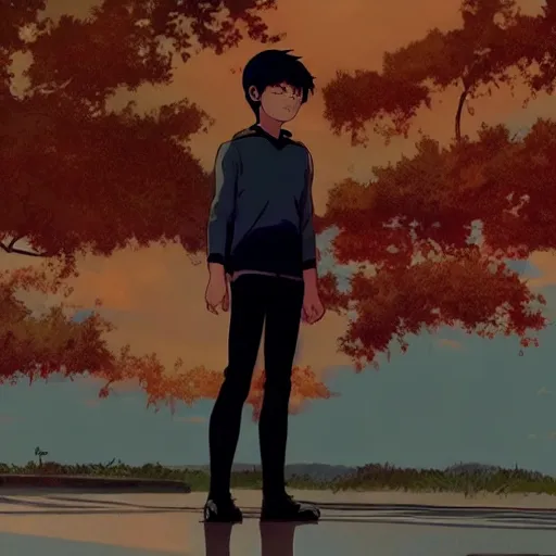 Image similar to Jon Kent superboy standing triumphantly. Anime still. Makoto shinkai. Kuvshinov ilya.