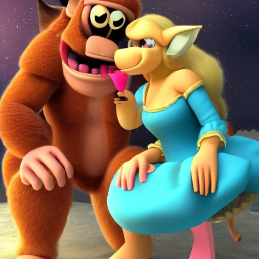 Image similar to Princess Peach and Donkey Kong on a date, trending on ArtStation