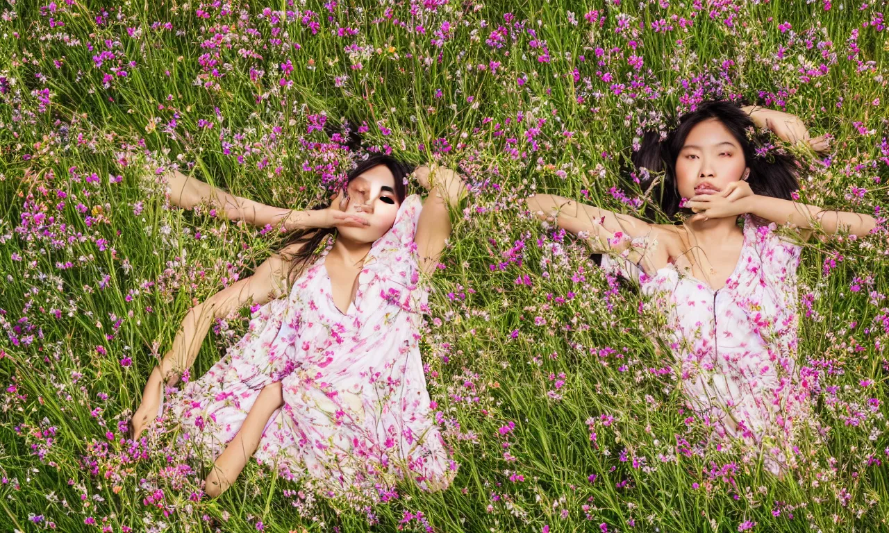 Image similar to a beautiful young Asian woman lying in a field of wildflowers, wearing a sun dress, portrait, dreamy