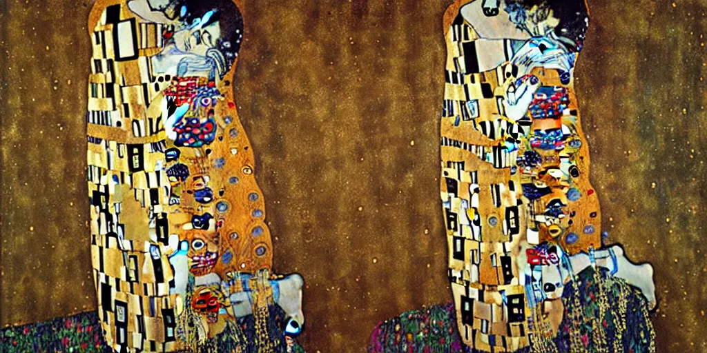 Prompt: klimt is painting with schiele ， by leonardo da vinci