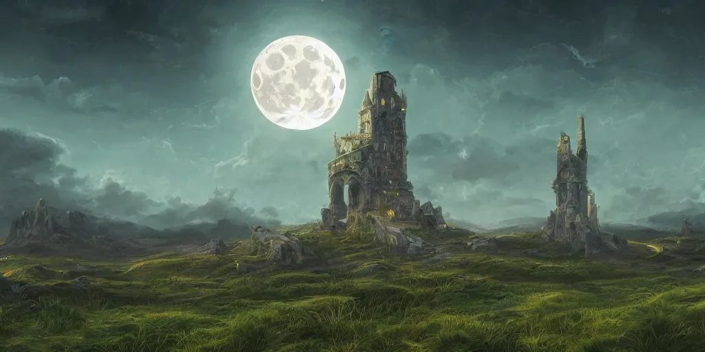 Image similar to The great intricate marble wizards tower, painted landscape, green fields in the background, moody lighting, moon in the night sky, sharp image, 4k, artstation, colorful digital art