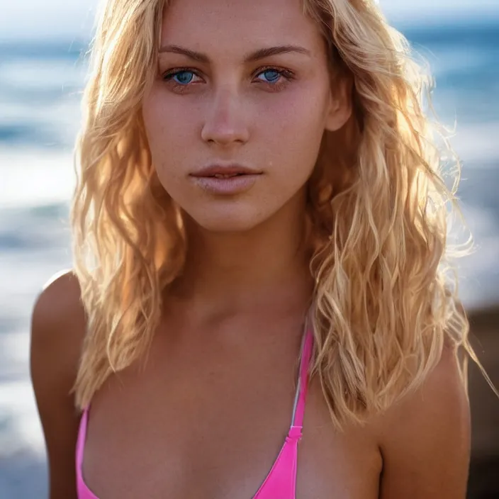 Prompt: portrait photograph of an extremely beautiful!!!! young female , symmetric face!, symmetric round detailed eyes!!, Wavy tinted blonde hair! slight smile, natural light, at a Manhattan beach during golden hour. looking at the camera!!. pink bikini. super resolution. Extremely detailed. Graflex camera!, bokeh!!!!! trending on artstation.