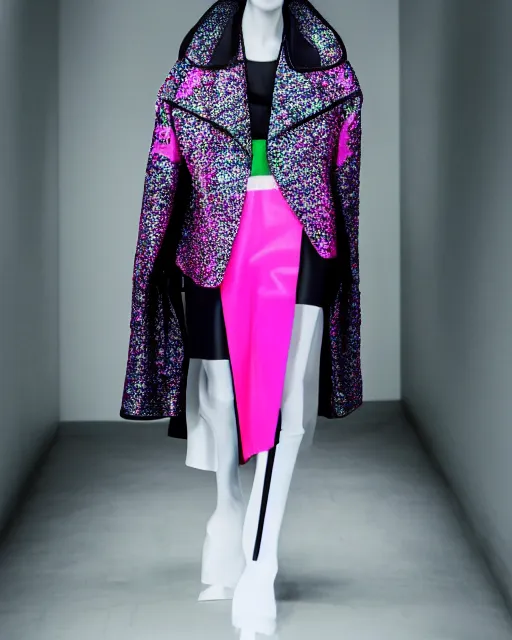 Image similar to a fashion photograph for Balenciaga's cyberpunk Bladerunner 2049 fashion line, dazzle camouflage, dayglo pink, dayglo blue, pearlescent white, raven black