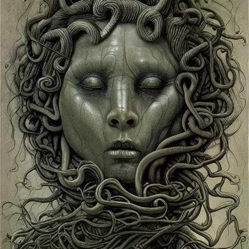 Prompt: very sad medusa, crying, tubular creature, blood vesels, no face, dystopian surrealism, art style botticelli alex ries giger zdzisław beksinski, symmetry accurate features, snake hair, stone marble, very intricate details, high resolution, high quality