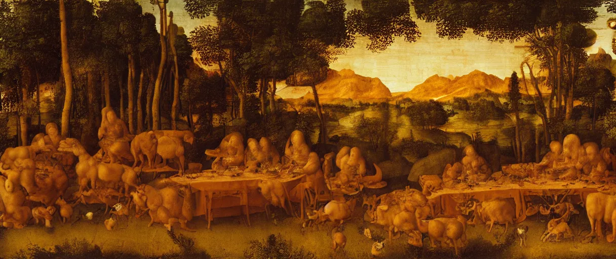 Image similar to A painting by Leonardo Da Vinci featuring a large group of animals sitting at the table, eating dinner. The table is standing in the forest. Golden hour, extremely detailed