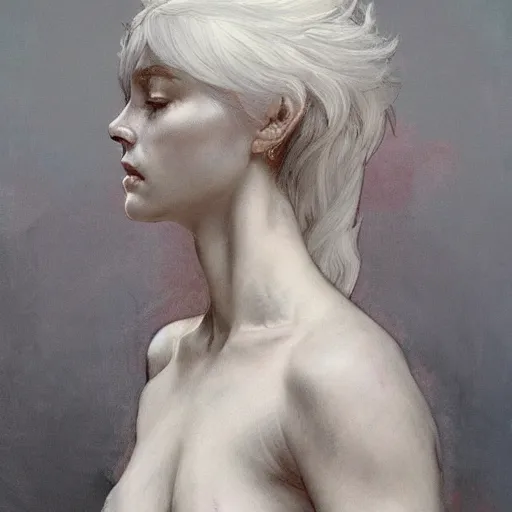 Image similar to portrait of a beautiful ethereal delicate roman catholic bishopress meditative sacral pose catholic stages of the cross, white hair, intricate, elegant, highly detailed, digital painting, artstation, concept art, smooth, sharp focus, illustration, art by krenz cushart and artem demura and alphonse mucha