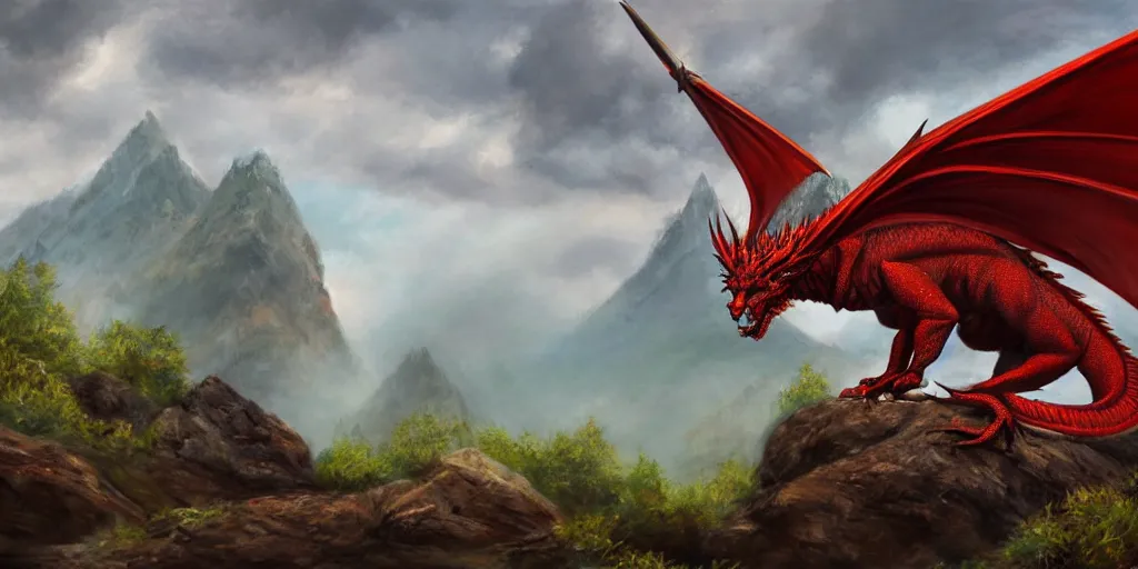 Image similar to a realistic painting of a red dragon standing on a rock with forest covered mountains in the background, artstation