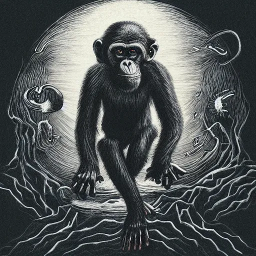 Prompt: chimpanzee descending from heaven, in the style of deathspell omega's fas album cover, illustration, detailed