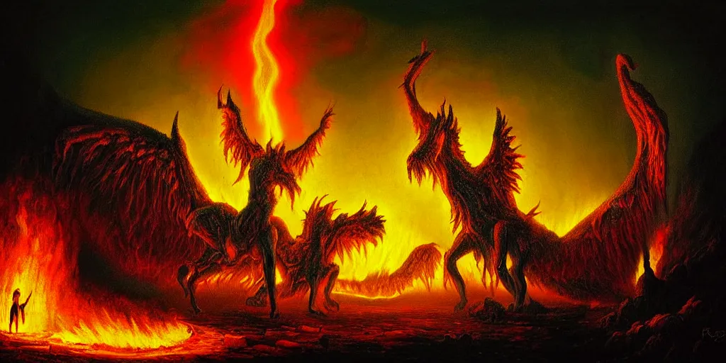 Image similar to mythical creatures and monsters at the mouth of hell, dramatic lighting glow from giant fire, in a dark surreal painting by ronny khalil