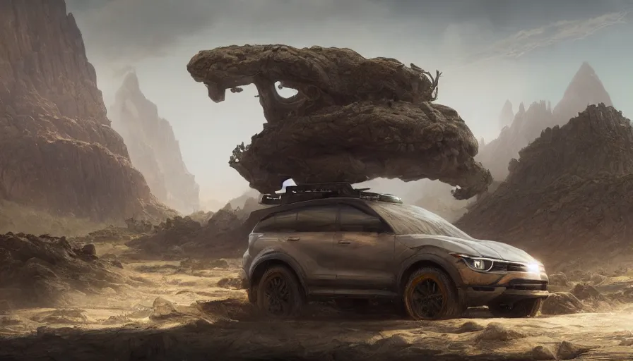 Prompt: an offroad suv designed by apple driving through socotra island, artgerm and greg rutkowski and alphonse mucha, an epic fantasy, volumetric light, detailed, establishing shot, an epic fantasy, trending on art station, octane render, midsommar