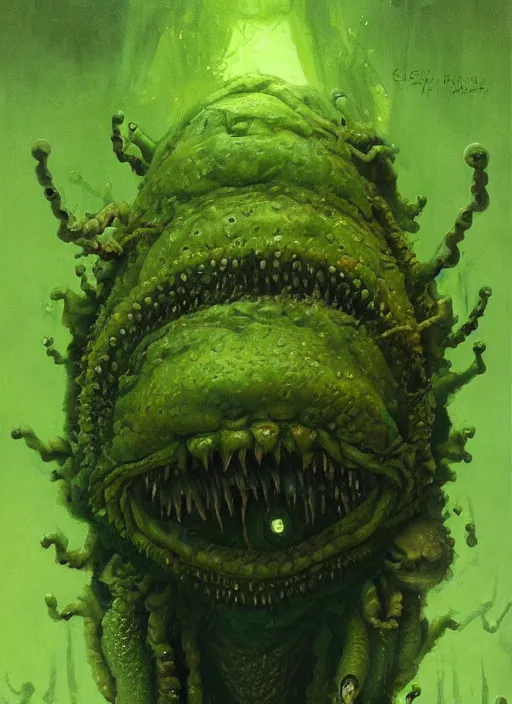 Image similar to portrait of green noise an amorphous blob, slimy alien creature with hundreds of eyes, eyes!!!!!, it has several human arms out stretched to grab me. painted by greg rutkowski, wlop,,