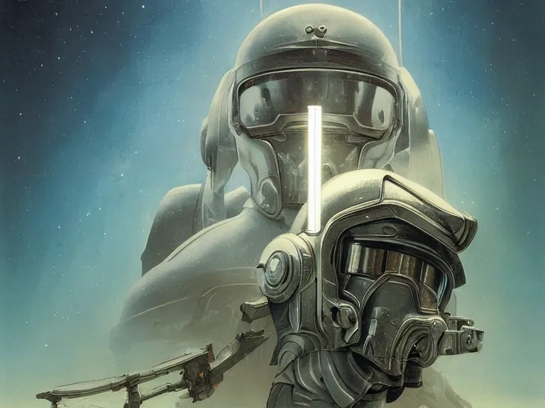 Prompt: a detailed profile painting of a bounty hunter in armour and visor, cinematic sci-fi poster. Spaceship high in the background. Flight suit, spartan armour faceplate anatomy portrait symmetrical and science fiction theme with lightning, aurora lighting clouds and stars. Clean and minimal design by beksinski carl spitzweg giger and tuomas korpi. baroque elements. baroque element. intricate artwork by caravaggio. Oil painting. Trending on artstation. 8k