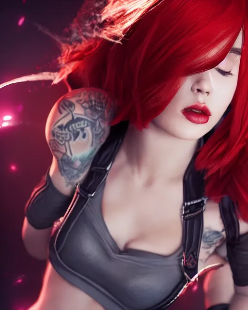 Image similar to a girl with short red hair, cool, vi from arcane, league of legends, fighter, cool red jacket, tattoo, beautiful, 3 d, potrait, art staion, studio light, closeup shot, octane render, wlop