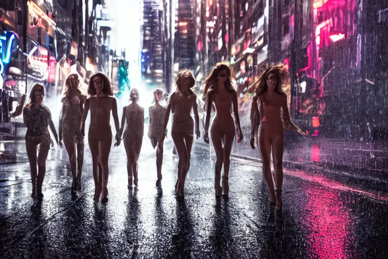 Prompt: a cinematic photograph of a group of angels walk through a dystopian city street whilst neon lightening strikes on the pavement, rain falls, ultra realistic, high definition