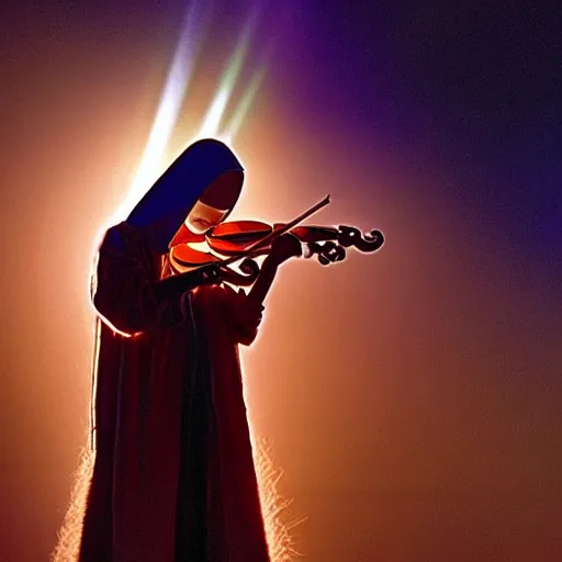 Prompt: E.T. playing the violin in the spotlight on stage with his heart glowing
