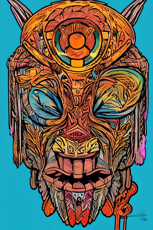 Image similar to animal mask totem roots flower tribal feather gemstone plant wood rock shaman vodoo video game vector cutout illustration vivid multicolor borderlands comics by josan gonzales and dan mumford radiating a glowing aura