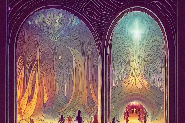 Prompt: a symmetrical!!! delicate mtg illustration by charles vess of a large group of people entering the glowing doorway of a massive vulva - shaped temple constructed of carved iridescent pearls and house - sized crystals of smooth and organic architecture floating in the astral plane