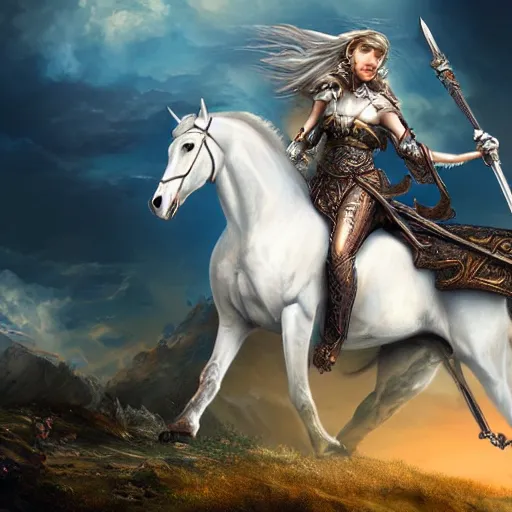 Prompt: epic girl warrior on a white horse and a sword at her back, fantasy, artwork, detailed, 8 k