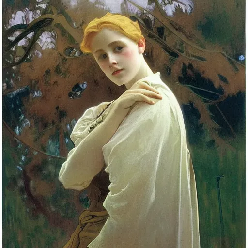 Prompt: a beautiful painting of a young girl in the scottish highlands, underexposed and overcast, by alphonse mucha, john sargent, and octane.