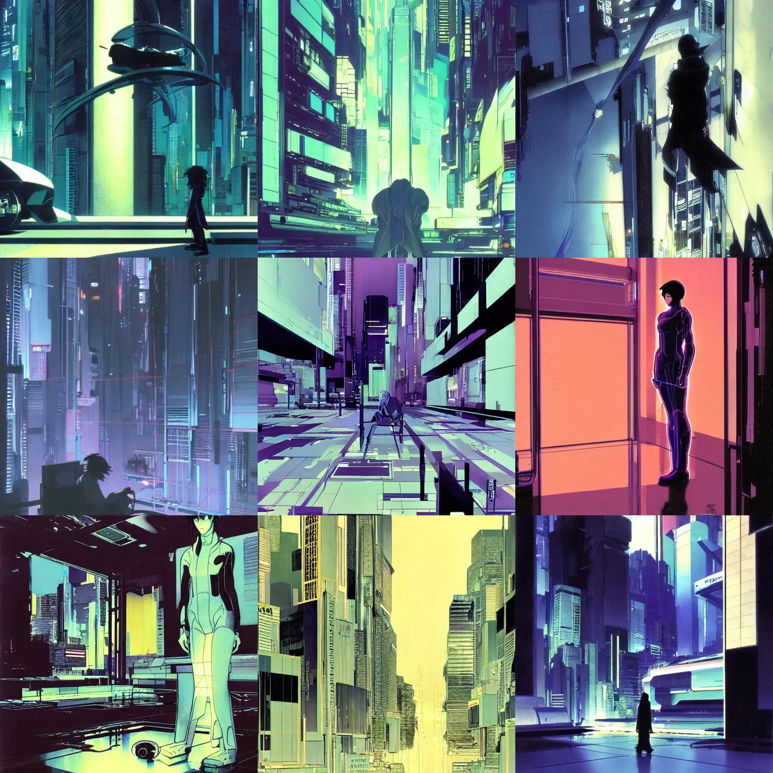 Prompt: glitch ghost in the shell lain by makoto shinkai concept art by syd mead