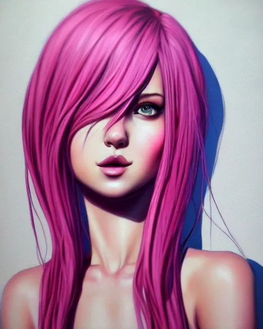 Prompt: portrait of beautiful girl with pink hair, low cut dress, boho chic. symmetry face, fine details. realistic shaded lighting, by sakimichan, kidmo, trending on pixiv, trending on artstation