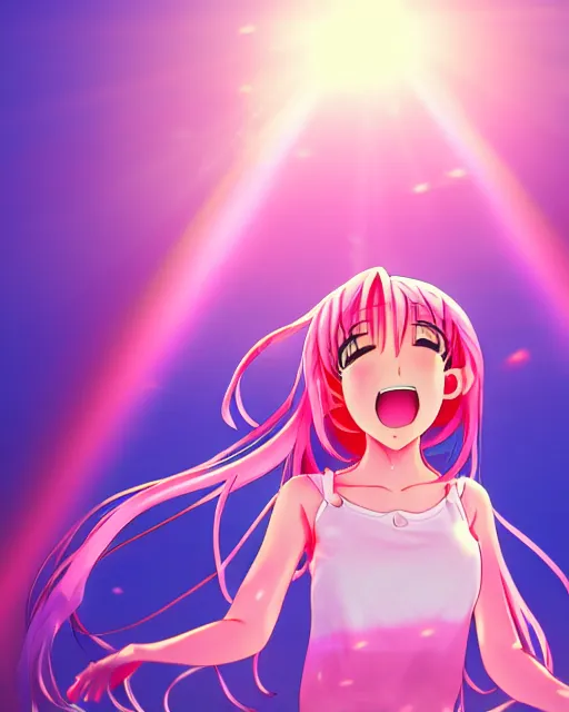 Prompt: anime style, vivid, full body, a cute girl with white skin and long pink wavy hair singing a song, heavenly, stunning, realistic light and shadow effects, happy, centered, landscape shot, happy, simple background, studio ghibly makoto shinkai yuji yamaguchi