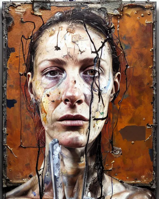 Prompt: a full length portrait of a very ordinary young woman with a troubled expression, Anselm Kiefer and Lucian Freud and Jenny Saville, oil painting, rust, Scaffolding, rusted metal and sunflowers, iron cladding, decay, mixed media, textured, anatomically correct, beautiful perfect face, visible brushstrokes, sharp focus, Highly Detailed, photographic emulsion cracked and peeling, Cinematic Lighting, 8k, HD