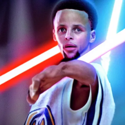 Prompt: A film still of Stephen curry in star wars holding a lightsaber