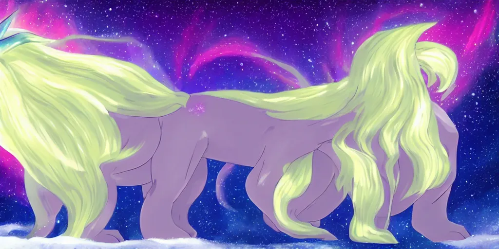 Prompt: Alolan Ninetales shiny, standing on an snowy hill with an aurora borealis in the night sky, Pokémon,
