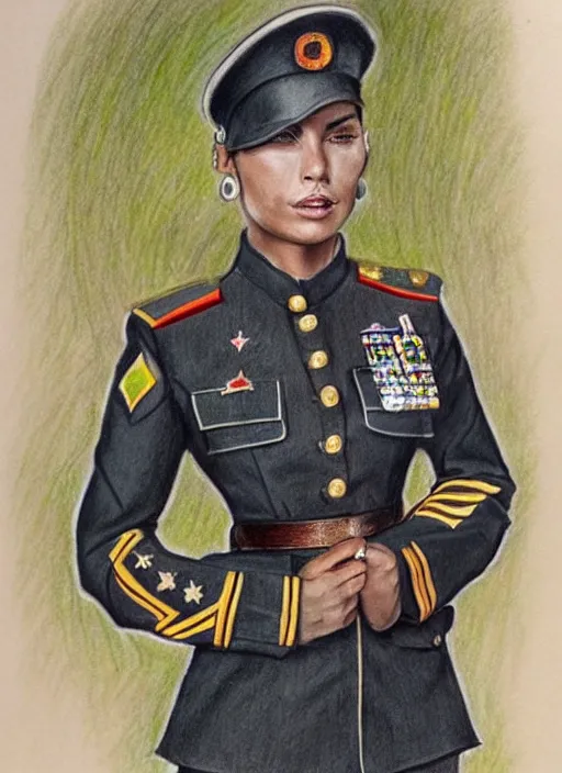 Image similar to full body detailed colored pencil drawing of a beautiful female military with a beautiful face wearing intricate clothing