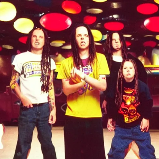Prompt: Korn performing at Chuck E. Cheese circa 1998
