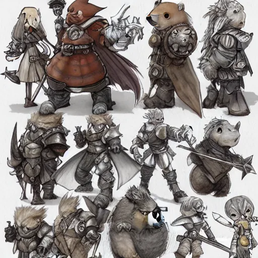 Image similar to heroic character design of anthropomorphic beaver, whimsical beaver, portrait of face, holy crusader medieval, final fantasy tactics character design, character art, whimsical, lighthearted, family friendly, colorized pencil sketch, highly detailed, Akihiko Yoshida,