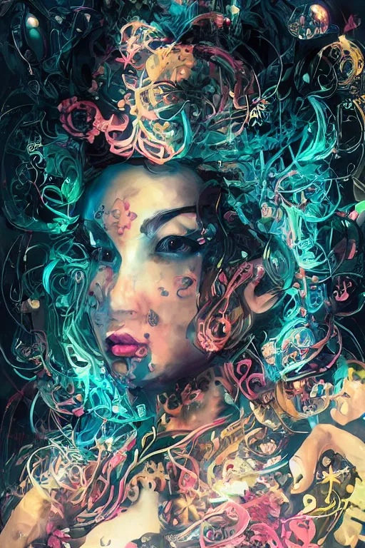 Image similar to An extremely beautiful neon-noir kawaii ornate highly detailed HD portrait of a young attractive woman with a silky bio-luminiscent holographic dress, neo-cyberpunk, professionally painted digital art illustration, smooth, sharp focus, atmospheric lighting, highly detailed illustration highlights, golden ratio, symmetrical facial features, extremely detailed winning award masterpiece, very coherent symmetrical artwork, sense of awe, 8K post-processing, trending on artstation flawless, prismatic highlights, telephoto, depth of field, cinematic, macro, concept art, wepa digital, elegant, epic, octane render, v-ray, C4D