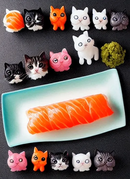 Image similar to clear photorealistic picture of adorable cats made out of sushi