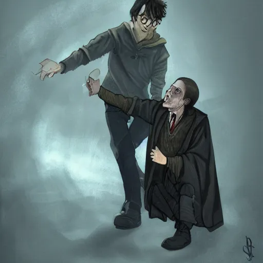 Prompt: a picture of harry potter breaking voldemort's spine over his knee, back breaker, intricate, highly detailed, digital painting, artstation, concept art, 4 k, art by bill waterson