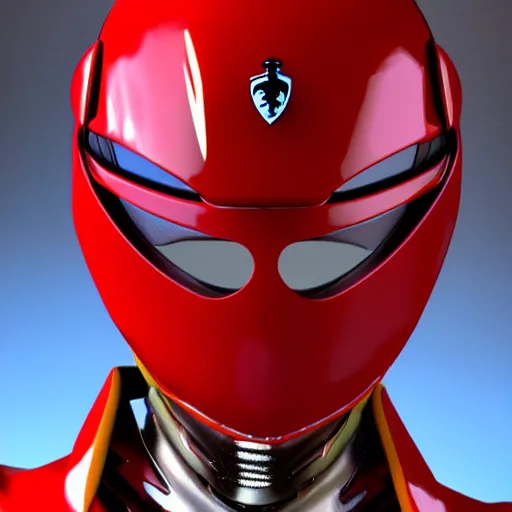 Image similar to Tokusatsu character based on Ferrari, red mechanical skinny body, chest plate with Ferrari logo, stylized motorcycle helmet, full body, unreal engine, 3D model