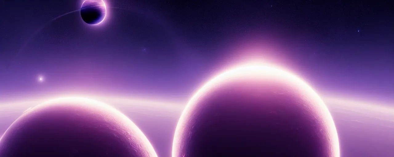 Image similar to minimalist cinematic scifi render of atmospheric space, planet and moon, nebula, homeworld skies, volumetric lighting, 4 k, 8 k, hd