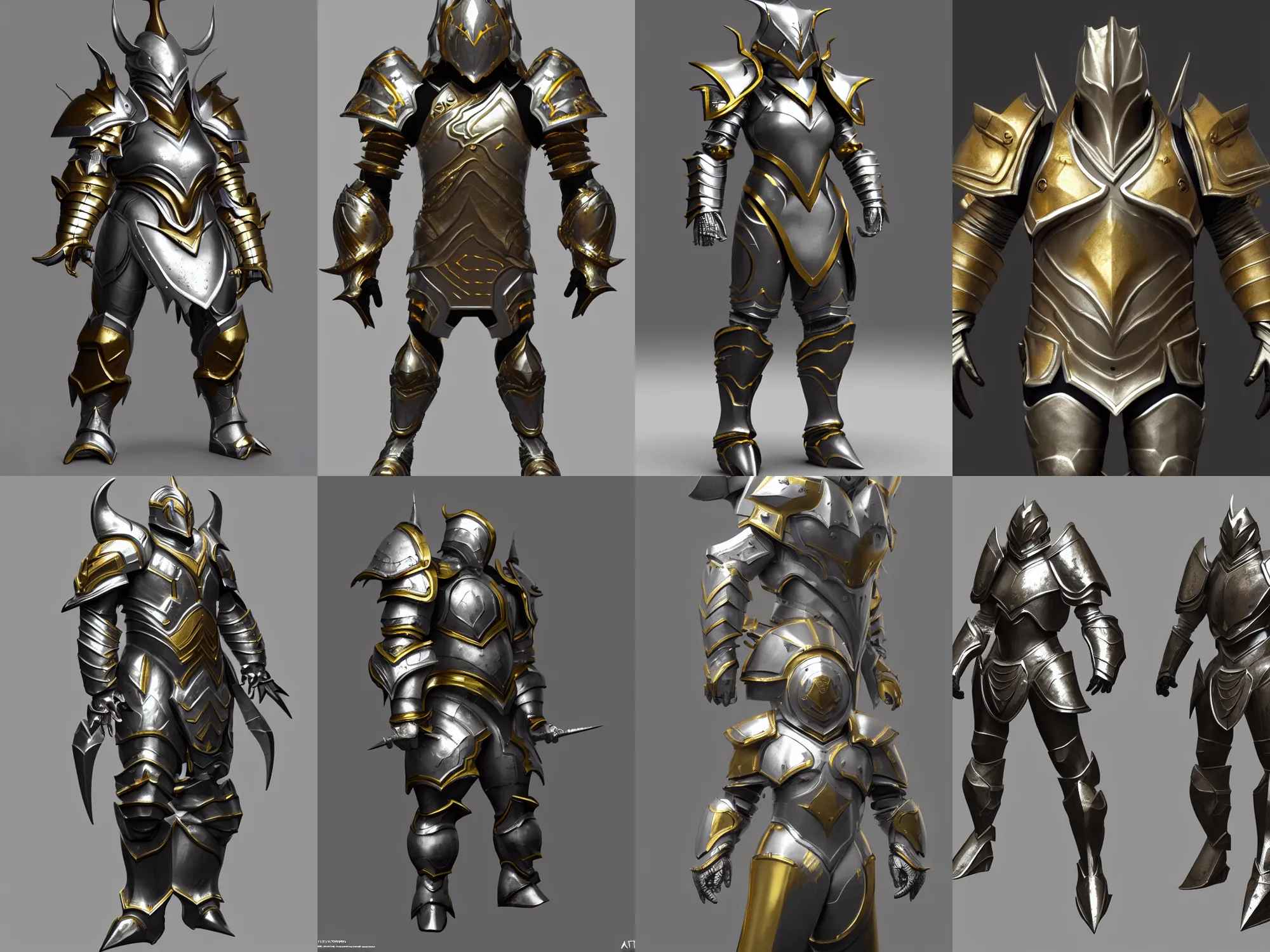 Prompt: render of heavy fantasy armor, silver with gold trim, extremely clean, awesome, exaggerated proportions, trending on Artstation, fantasy character concept, HD Octane render, 8K