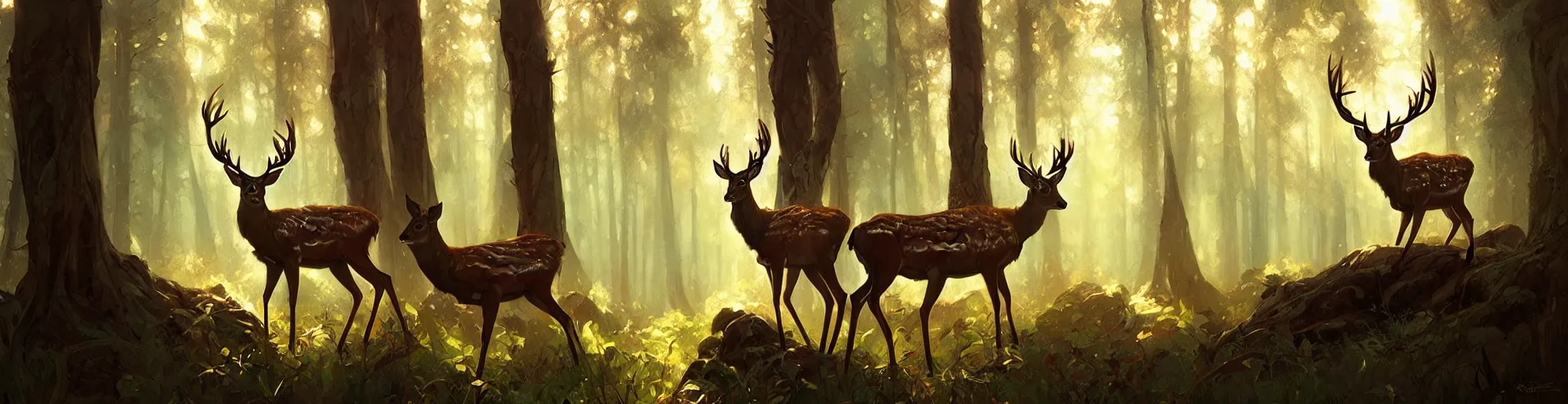 Image similar to Deer in Sherwood Forest, highly detailed, digital painting, artstation, concept art, smooth, sharp focus, illustration, art greg rutkowski and alphonse mucha