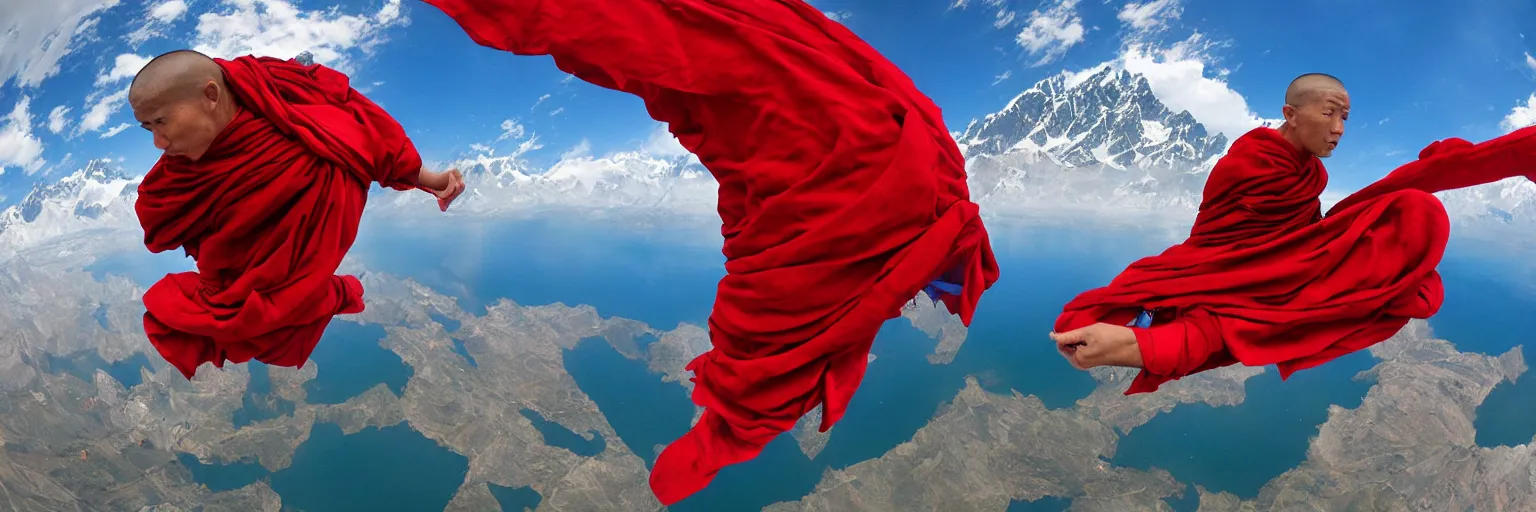 Prompt: a fisheye lens shot on full - frame camera of tibetan monk flying over himalaya mountains lake in weightlessness in traditional red cloth. a lot of flying red fabric around, sky and cloth fabric reflected in blue lake water. illustration by craig mullins, yoji shinkawa, trending on artstation, peter mohrbacher, hyper detailed, intricate, elite, ornate,