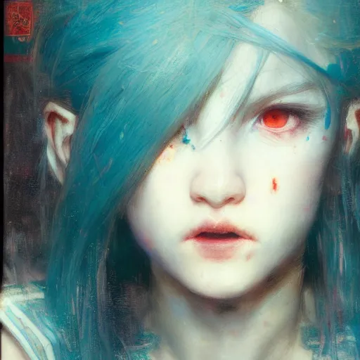 Prompt: little angry girl with blue hair. By Ruan Jia. Ayami Kojima. Masterpiece