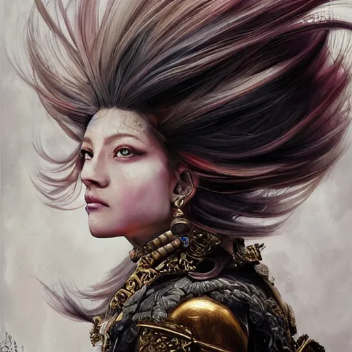 Image similar to portrait, headshot, insanely nice professional hair style, dramatic hair color, digital painting, of a old 17th century, old cyborg merchant, amber jewels, baroque, ornate clothing, scifi, realistic, hyperdetailed, chiaroscuro, concept art, art by Franz Hals and Jon Foster and Ayami Kojima and Amano and Karol Bak,