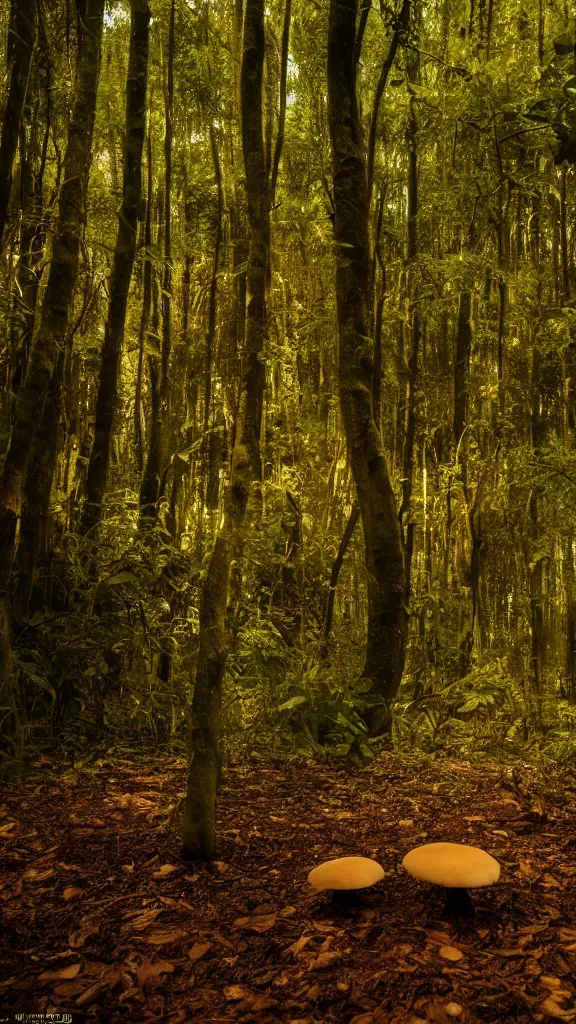 Image similar to photo of the forest, the sun through the foliage, a lot of porcini mushrooms, cinematic lighting, highly detailed