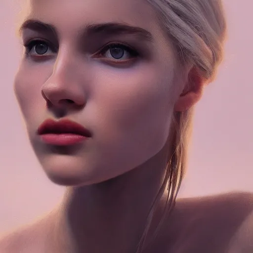 Image similar to a beautiful woman, fine art, aesthetic, oil painting, pale colors, high detail, 8 k, wide angle, octane render, trending on artstation,