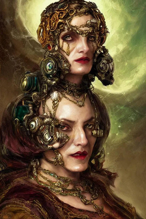 Image similar to portrait, headshot, digital painting, of a 17th century, beautiful, middle aged wrinkles, wicked, cyborg merchant woman, dark hair, amber jewels, baroque, ornate dark green clothing, scifi, futuristic, realistic, hyperdetailed, concept art, art by waterhouse